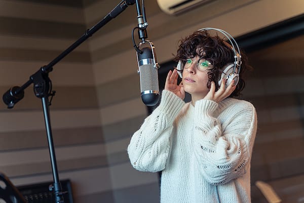 A young curly hair singer woman with glasses recording a song in a real studio